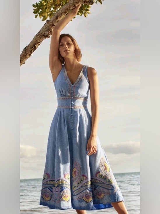 Boden Dresses & Skirts - Boden Jemima Dress Size 4 Blue Embroidered Linen Paisley Summer Sleeveless